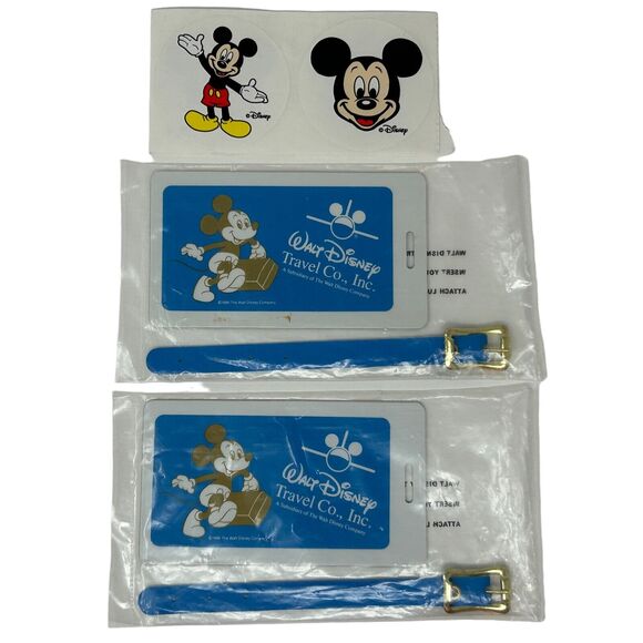 Vintage 70s 80s Walt Disney Travel Co Inc Luggage Tags Lot of 2 and 7 Stickers - Picture 1 of 6